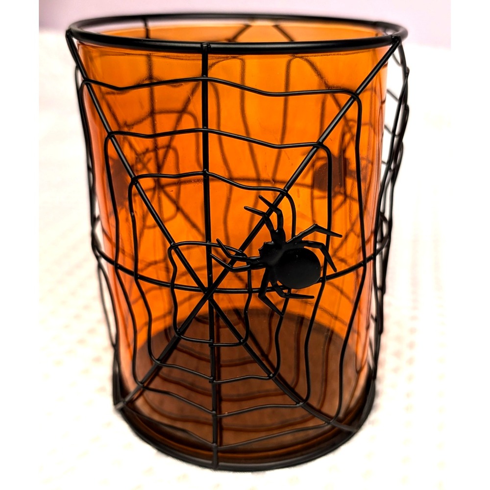 Vintage 90s Halloween Wire & Glass Candle Holder Orange & Black Spiders & Web